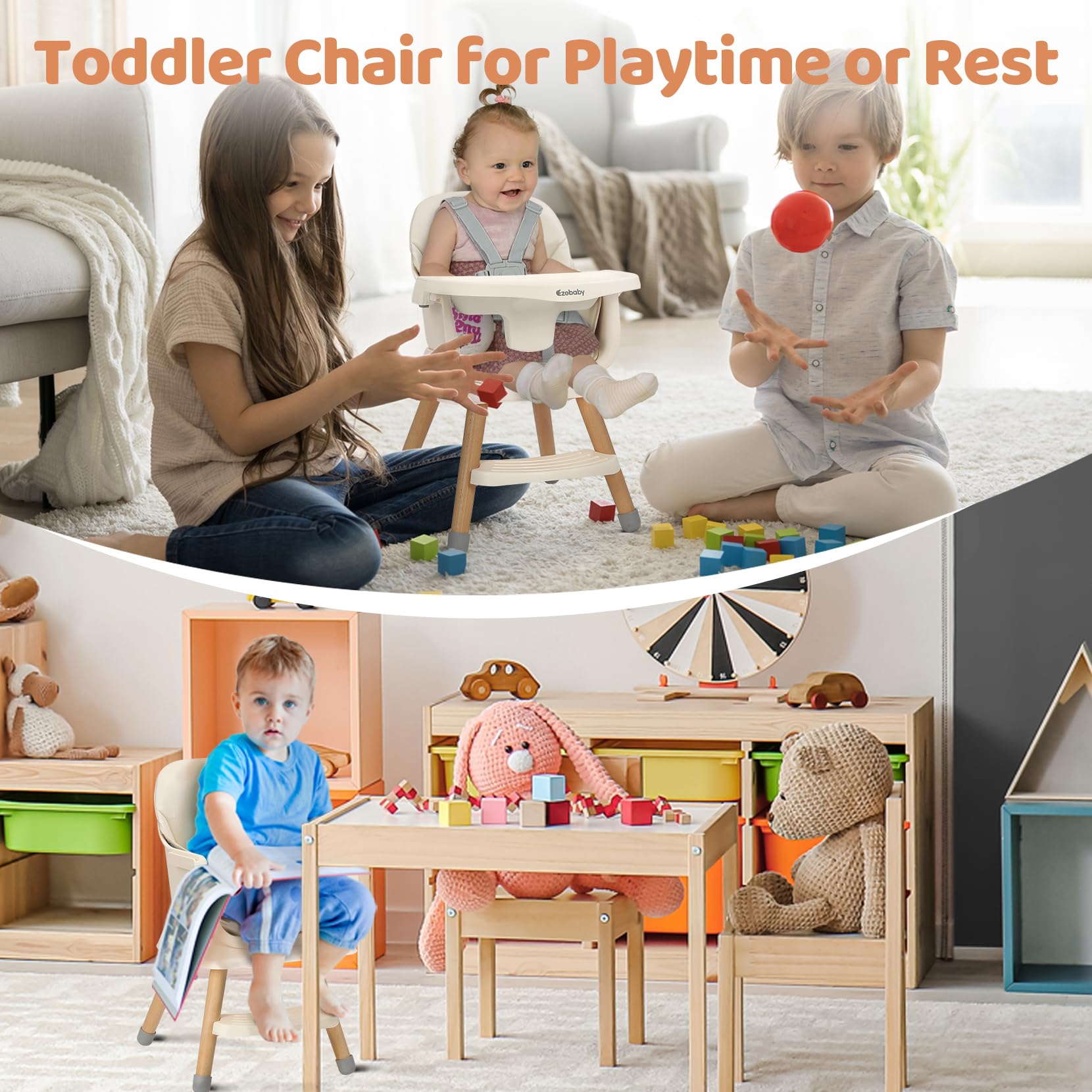 Ezebaby High Chair easy-assembly frame for quick setup.
