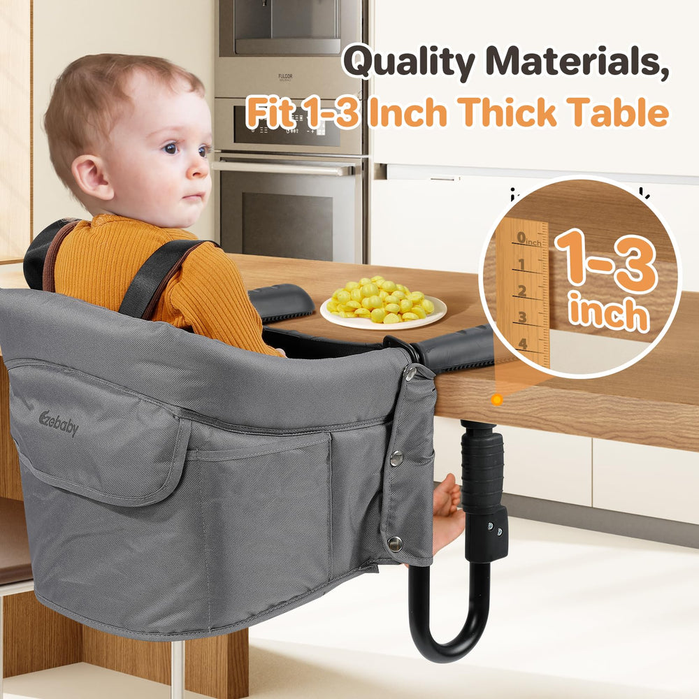 Ezebaby hook-on high chair 5-point harness keeps baby safely seated during meals.
