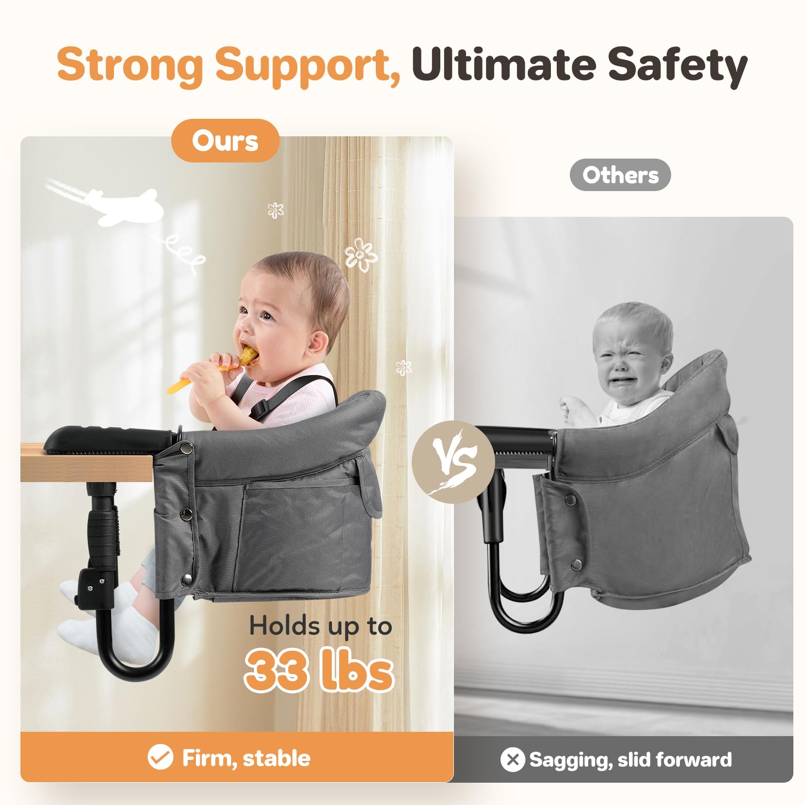 Ezebaby hook-on high chair non-slip arms protect tables while keeping baby secure.