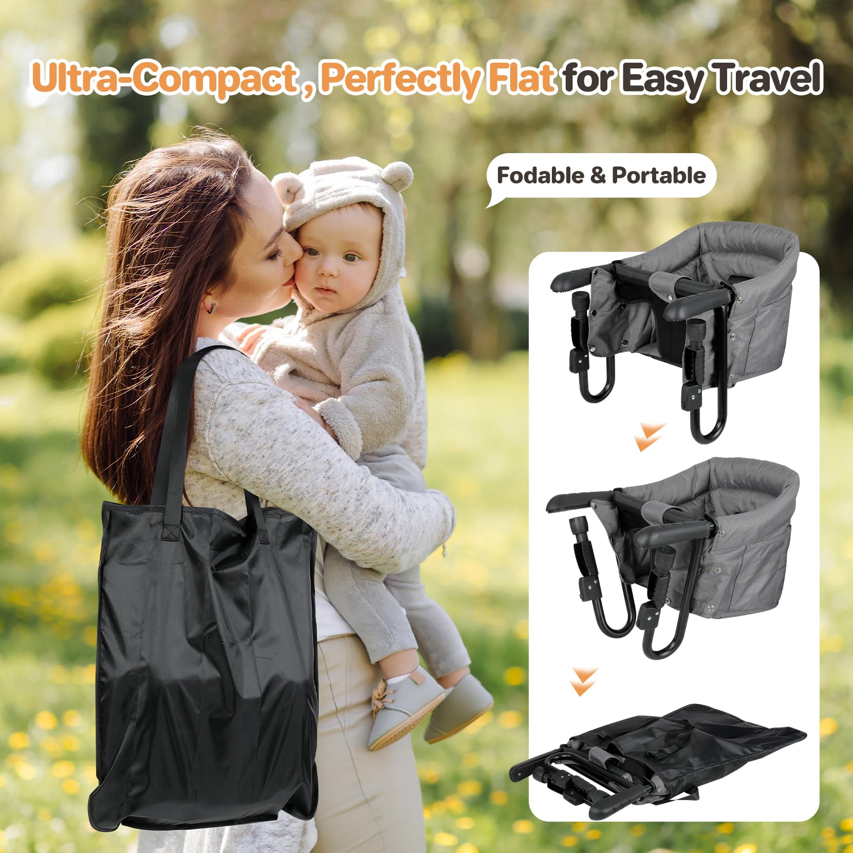 Ezebaby hook-on high chair storage pockets keep bibs and toys handy.