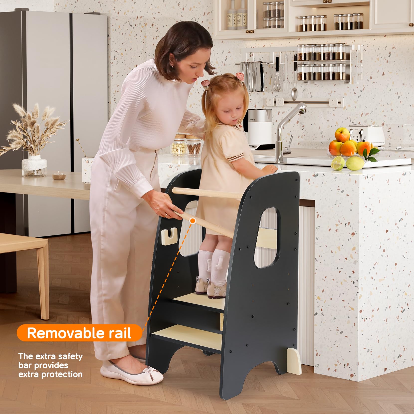 Ezebaby kitchen-step-stool-black blends with modern kitchens and saves space.
