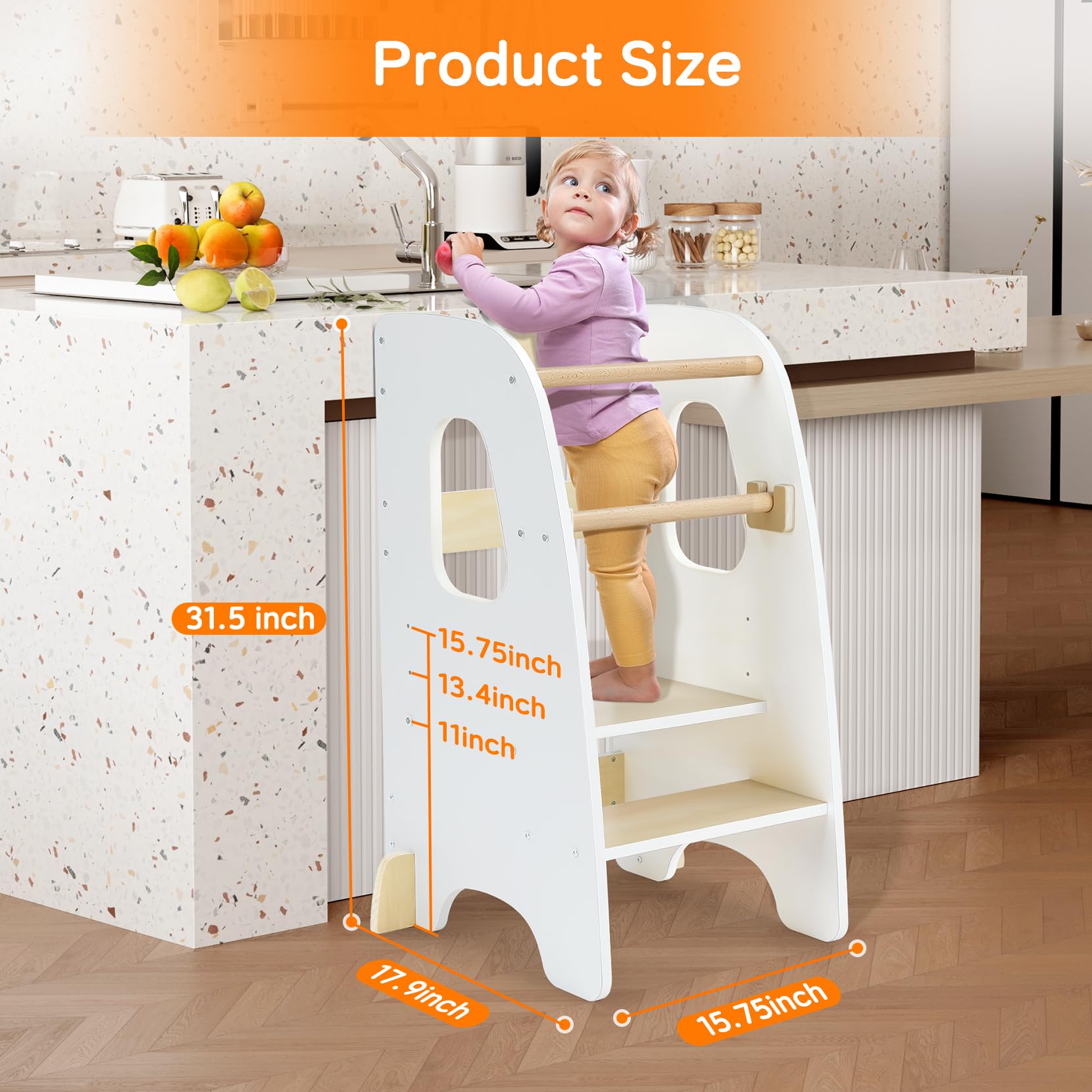 Ezebaby tower in use on the counter supports child participation at the sink