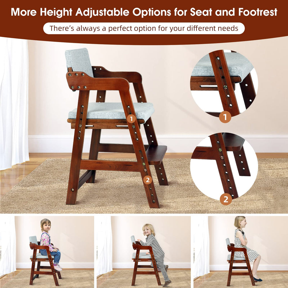 Ezebaby wooden high chair with adjustable footrest and steps.