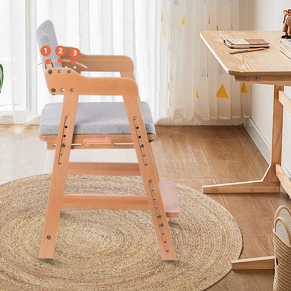 Ezebaby wooden high chair arch back in three positions for posture support.