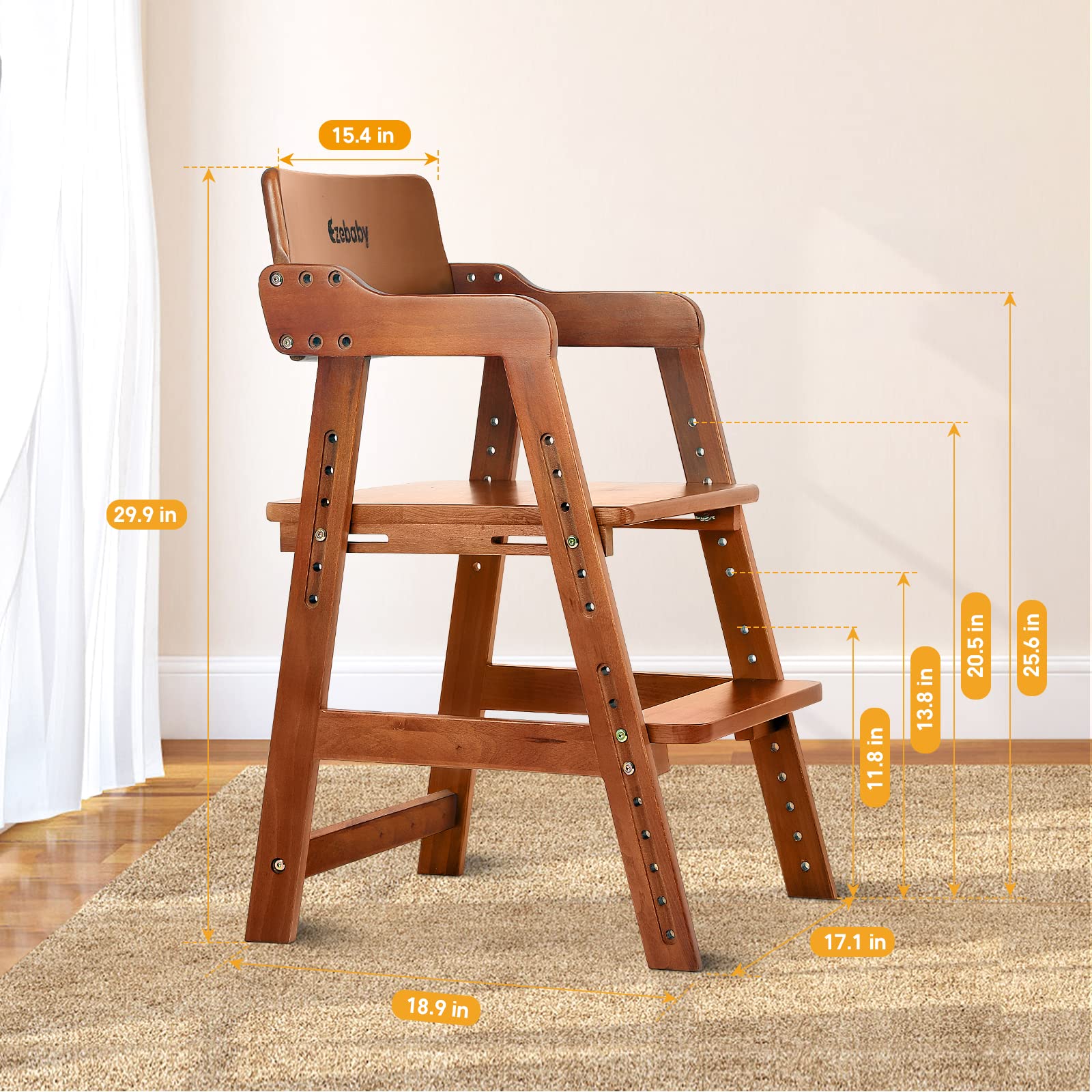 Ezebaby wooden high chair in dining setup for family meals.