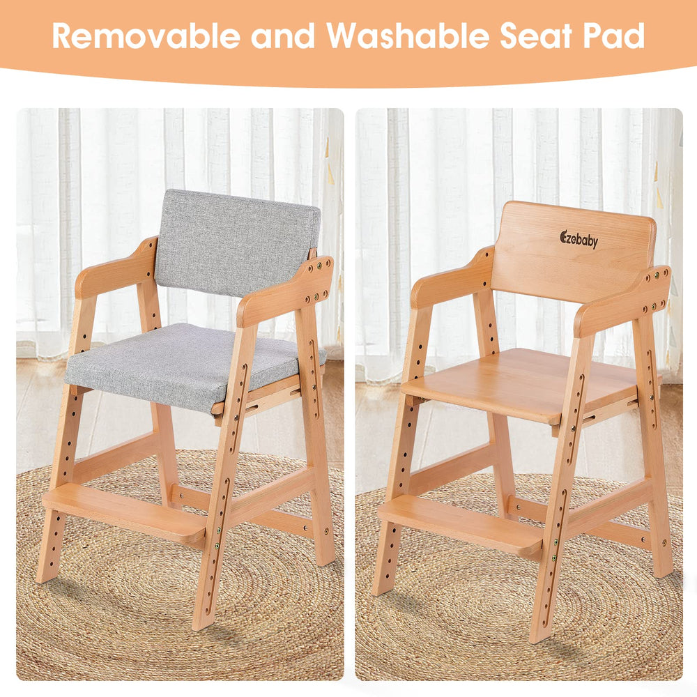 Ezebaby wooden high chair solid beech wood for durability.