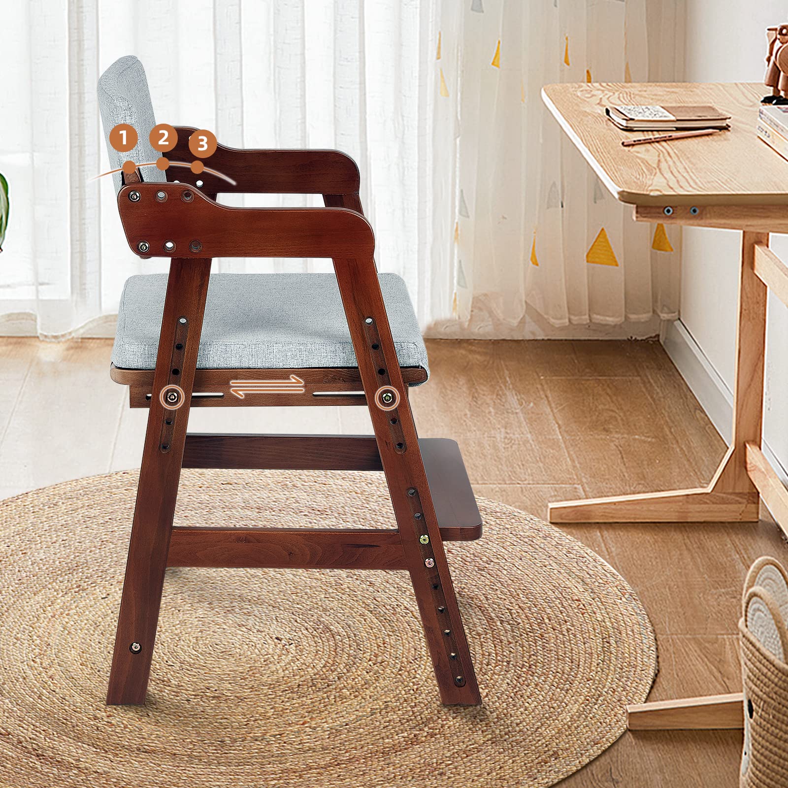 Ezebaby wooden high chair removable cushions for easy cleaning.