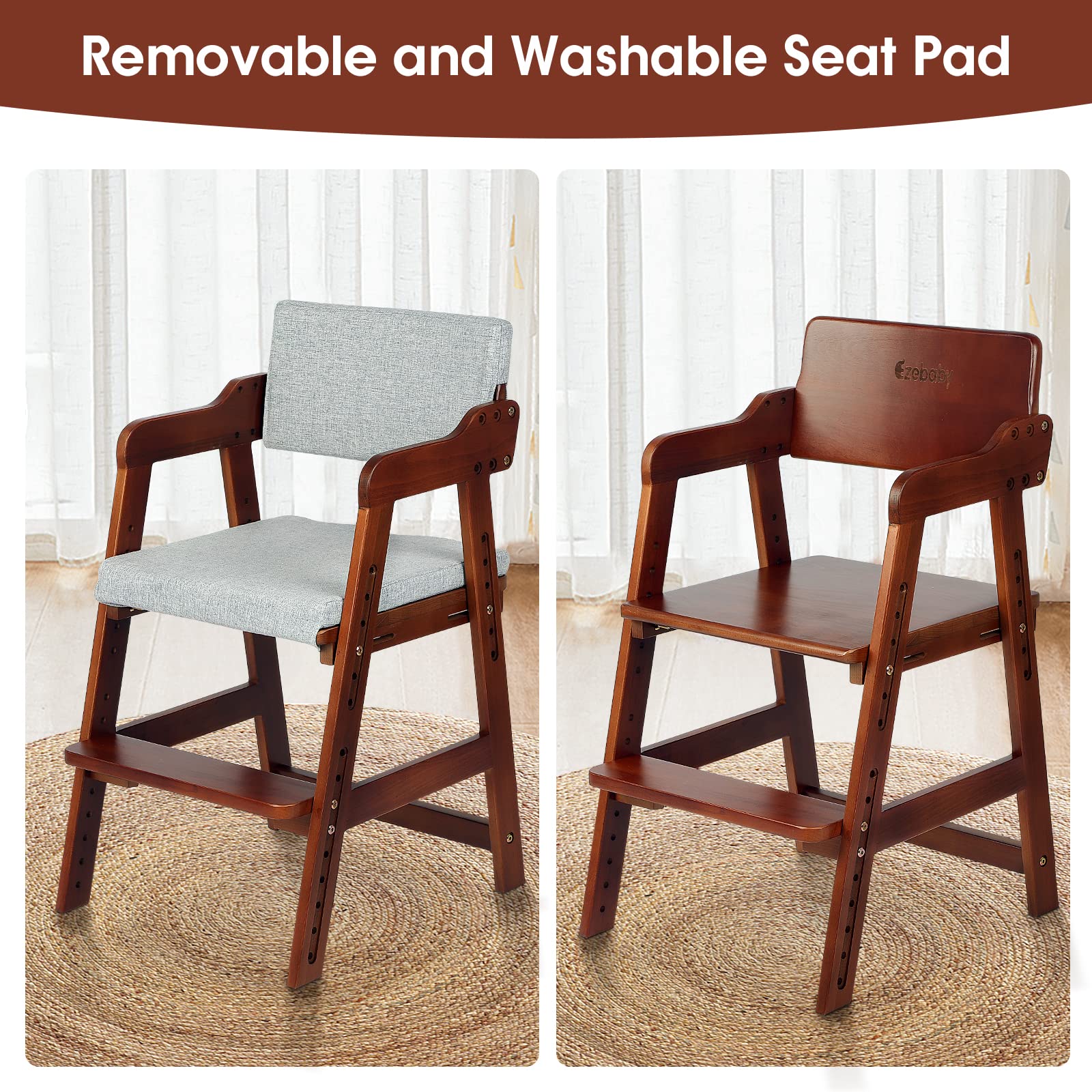 Ezebaby wooden high chair sturdy beech wood construction.