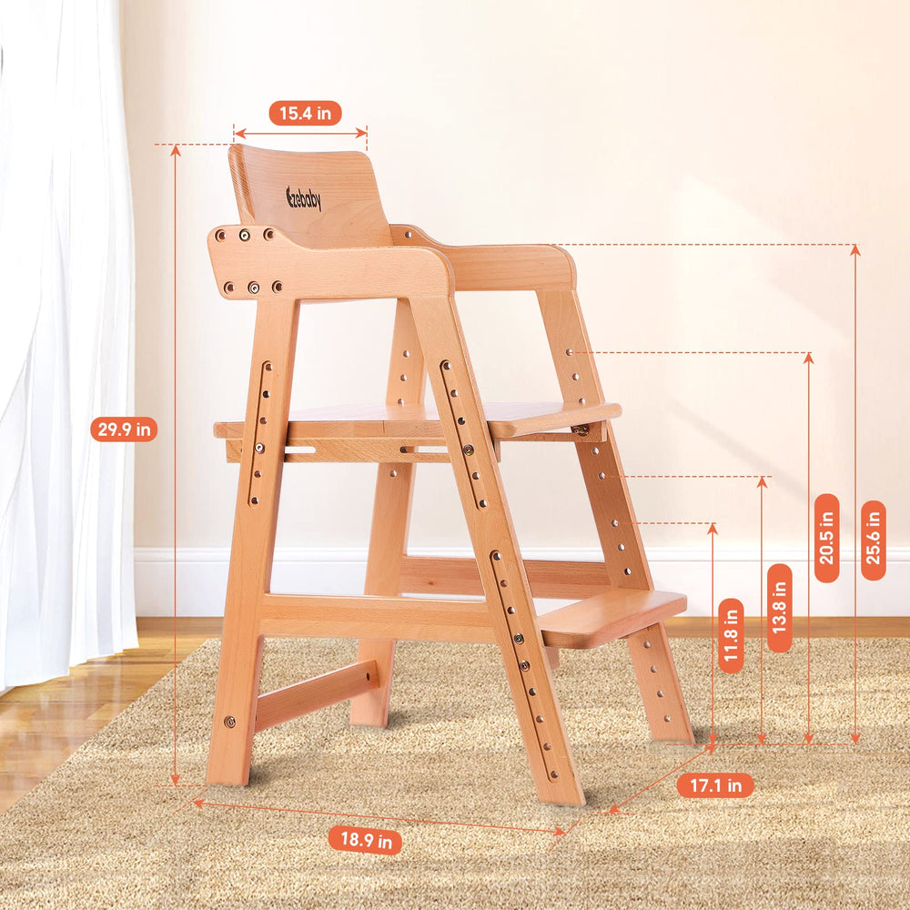 Ezebaby wooden high chair wide seat suitable for growing kids.