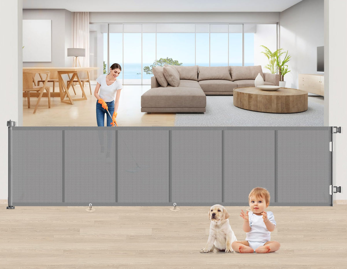 EZIGO 150-inch gate extended in opening provides ultra-wide coverage while keeping kids safe.