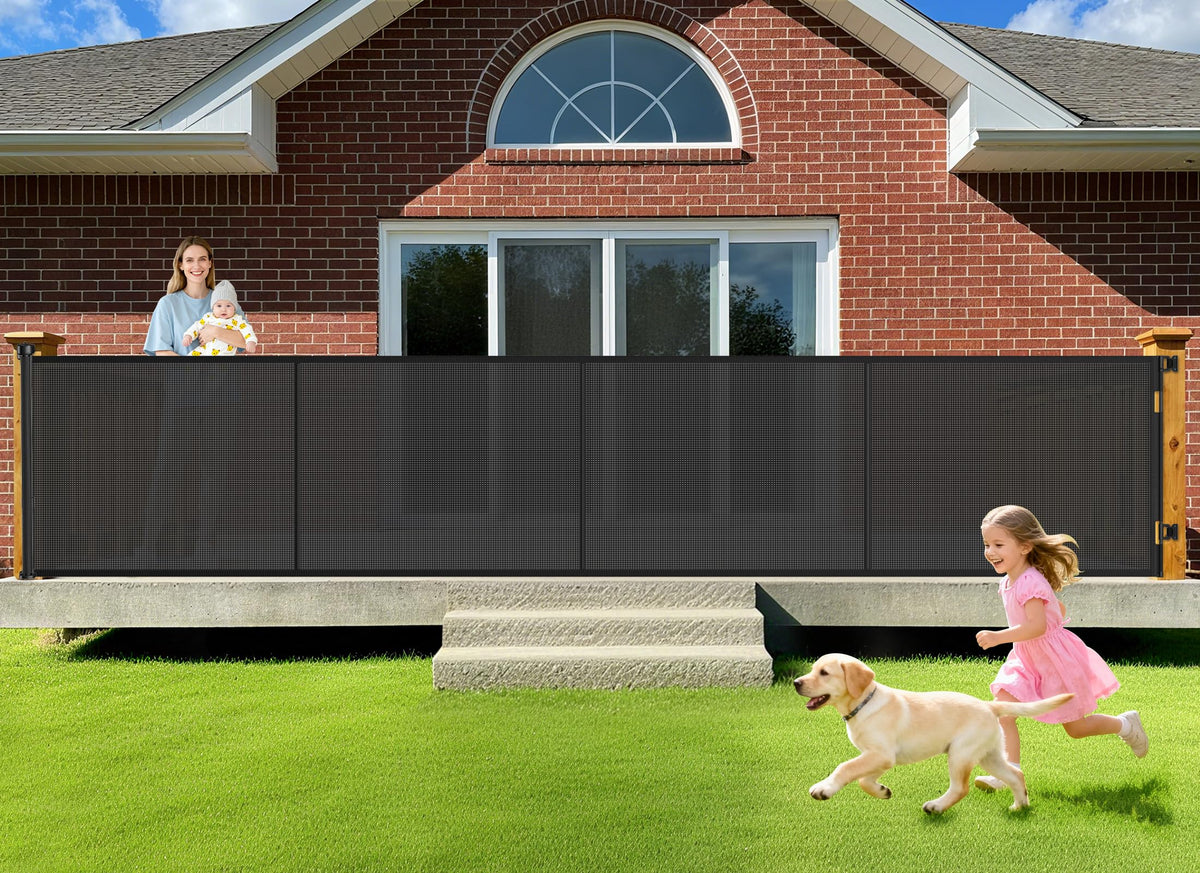EZIGO 196-inch retractable baby gate extended across a wide doorway for large openings.