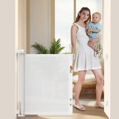 EZIGO 55in retractable gate in white fits a large opening for safe play areas.
