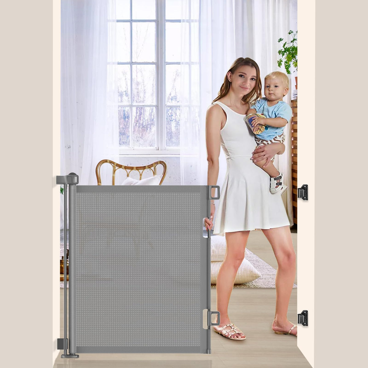 EZIGO 55inch retractable baby gate assembly near a wide doorway.