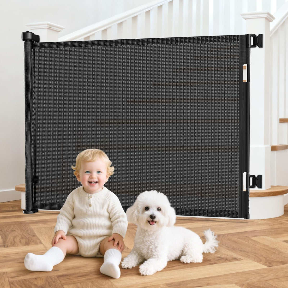EZIGO 55-inch retractable baby gate folded for compact storage and quick access.