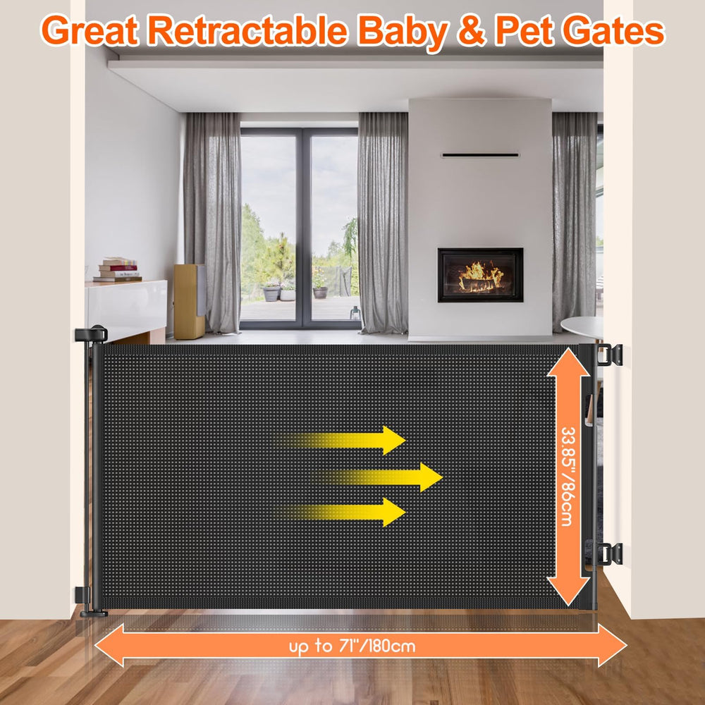 EZIGO retractable gate closed with mesh barrier for keeping kids and pets secure.