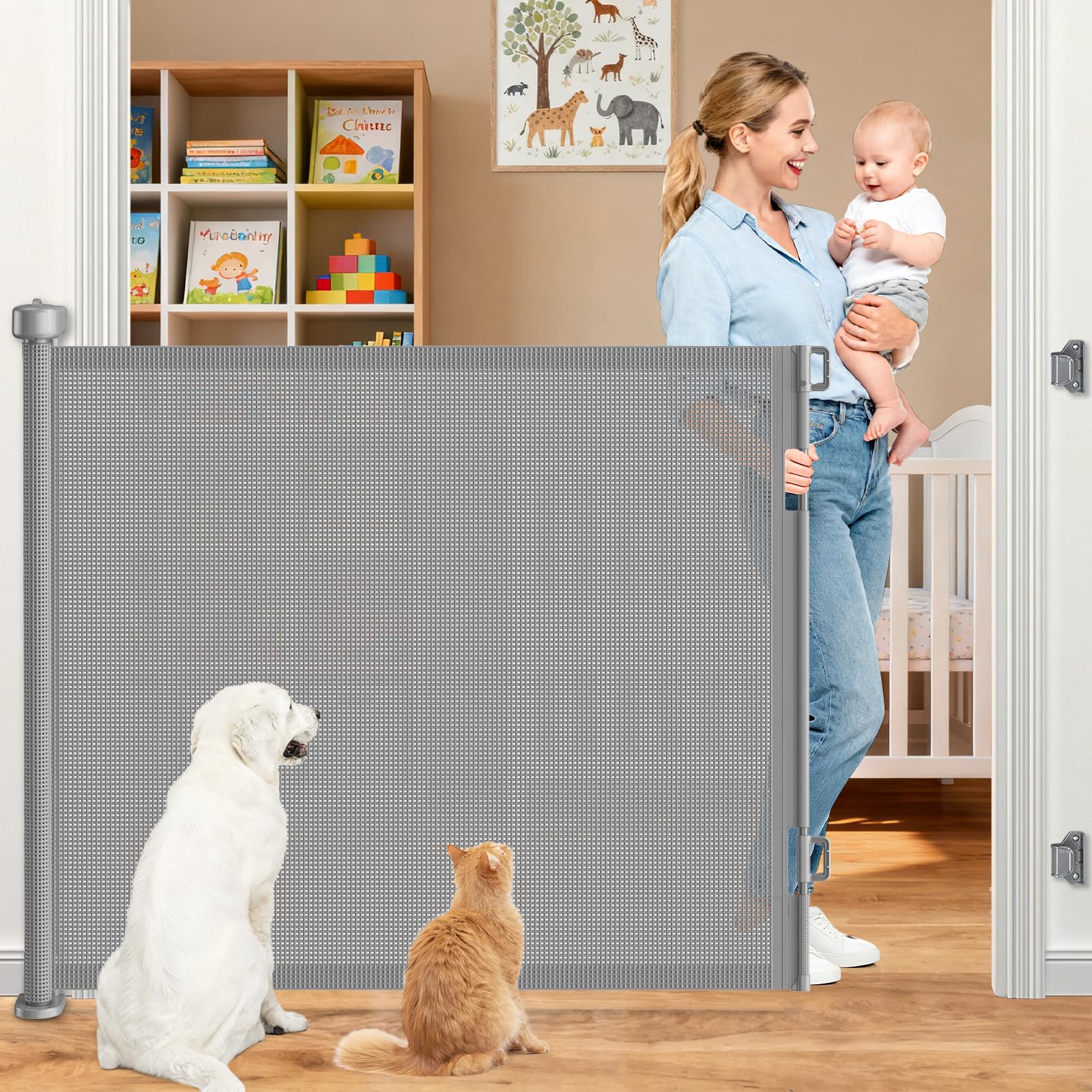 EZIGO 71inch retractable gate extended across a doorway showing wide coverage for kids and pets