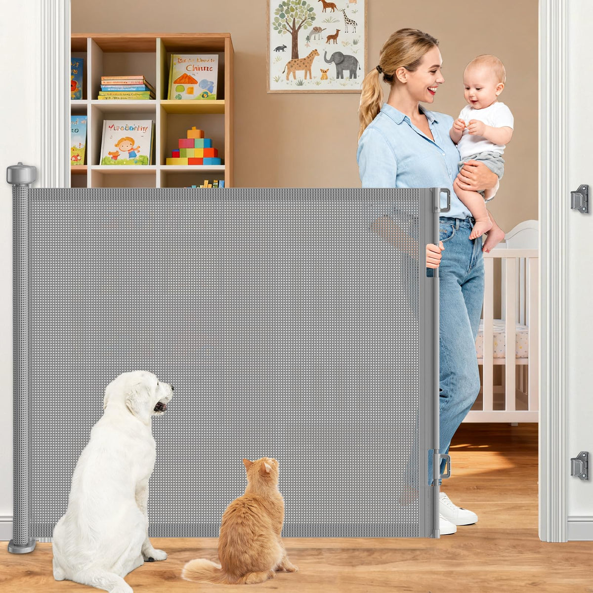 EZIGO 71inch retractable gate extended across a doorway showing wide coverage for kids and pets