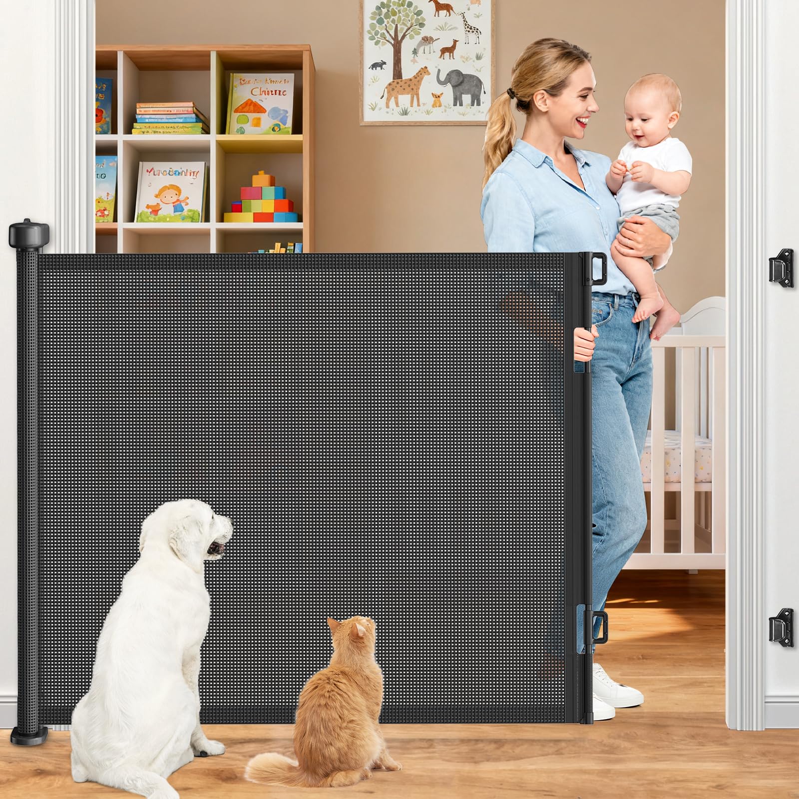 EZIGO 71-inch retractable gate extended view shows wide opening for kids and pets