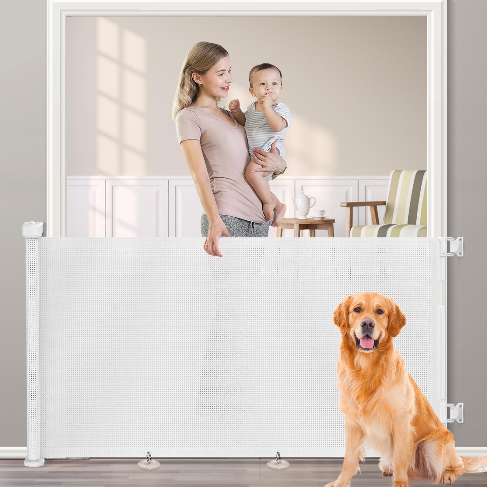 EZIGO 71-inch retractable gate extended to fit wide openings for safe play.