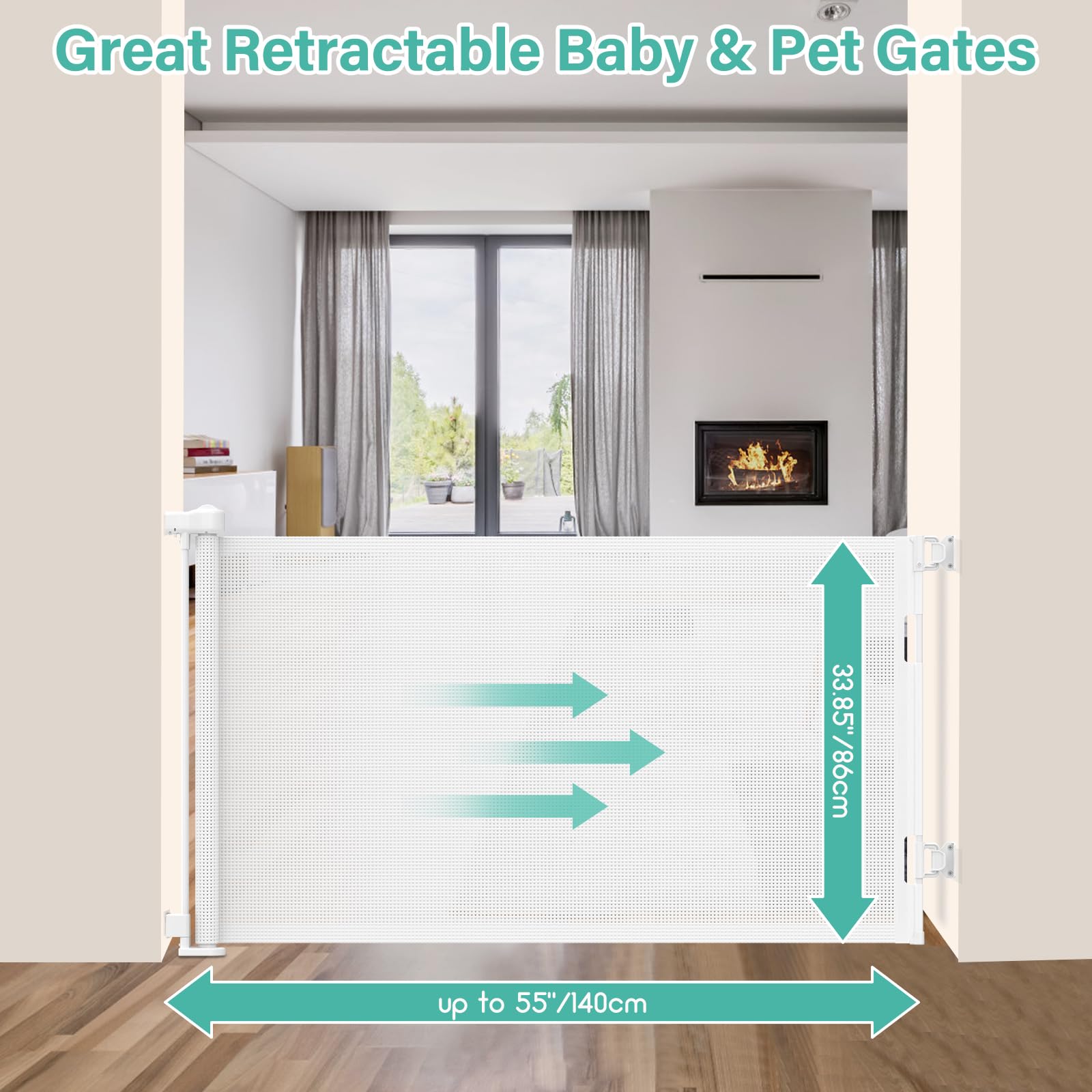 EZIGO extrawide mesh gate close-up shows breathable mesh for kids and pets.