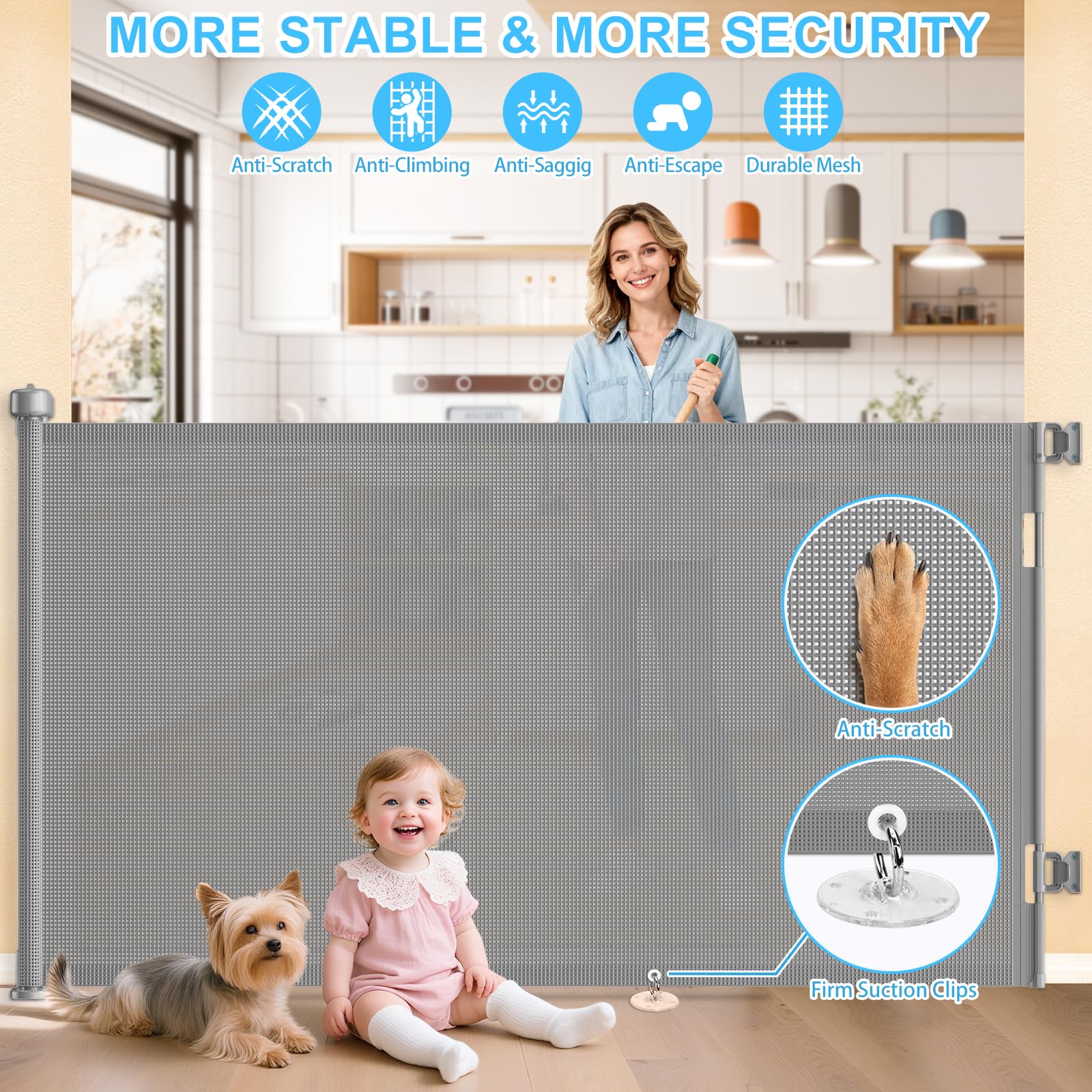 EZIGO gray retractable gate with closed-door view and safety lock