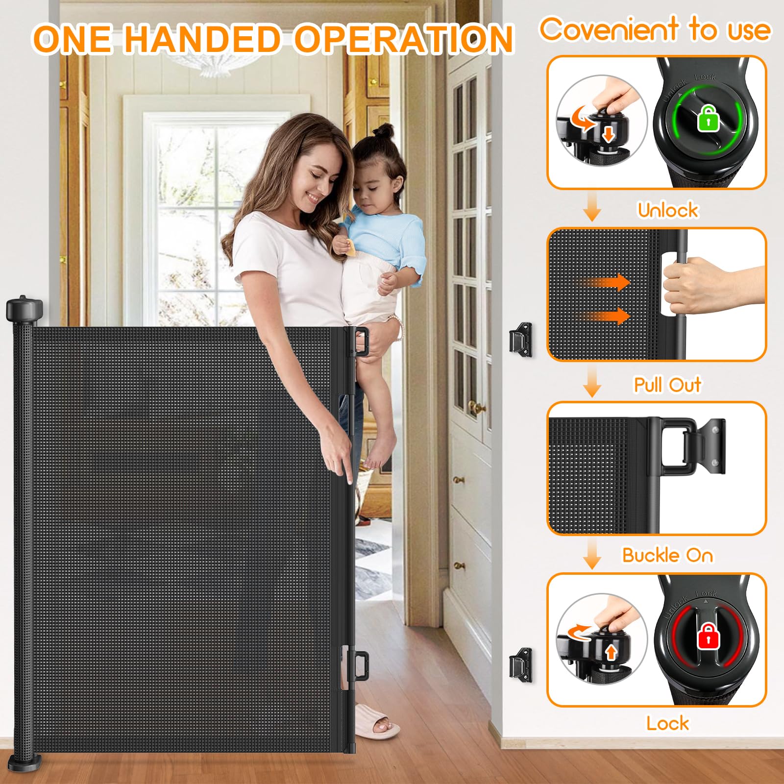 EZIGO indoor-outdoor gate installed in doorway with child nearby