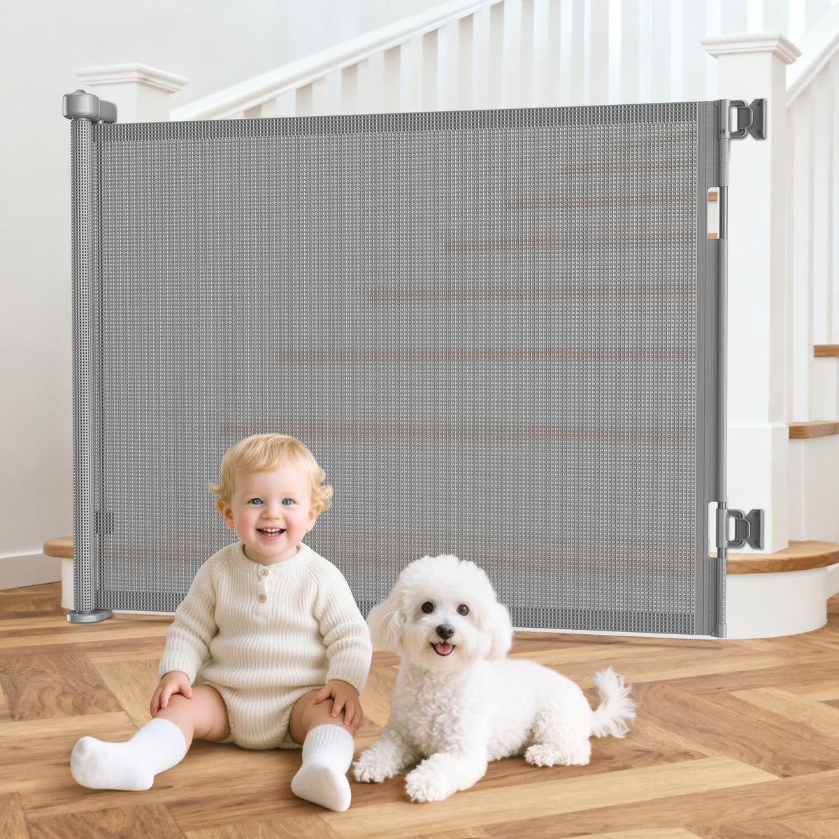 EZIGO retractable baby gate full-view in gray for wide doorways