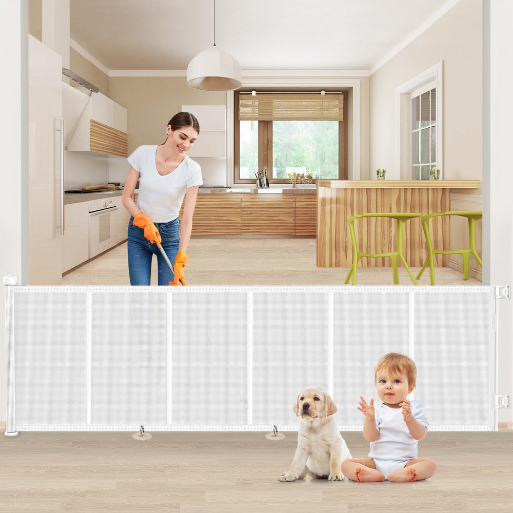 EZIGO Upgrade 120in retractable gate open demonstrates easy passage through a wide doorway.