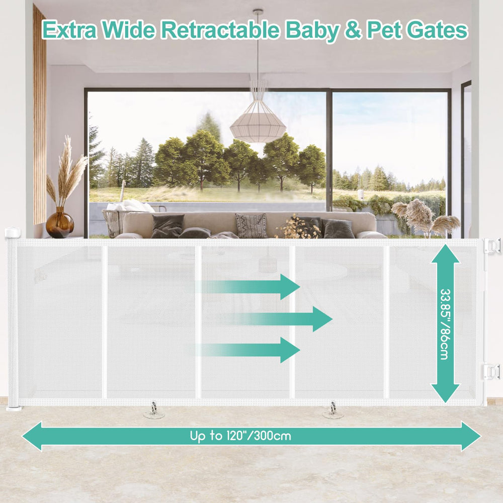 EZIGO Upgrade 120in retractable gate fully retracted mesh shows space-saving design for open rooms.