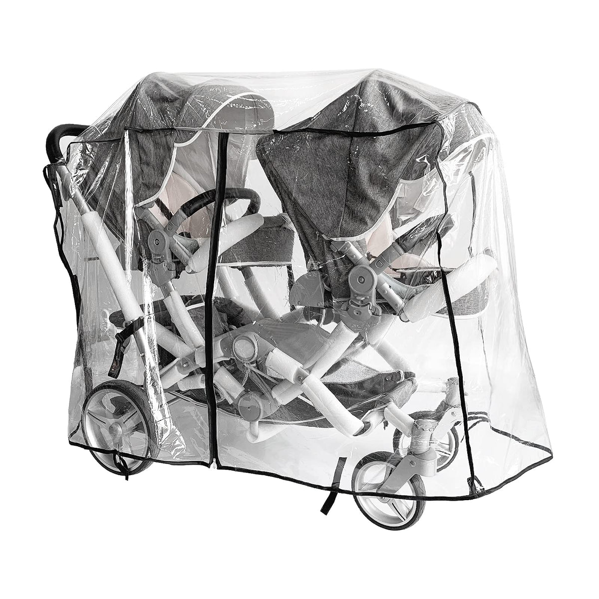 Ezkindheit double-stroller rain cover front view protects twins from drizzle