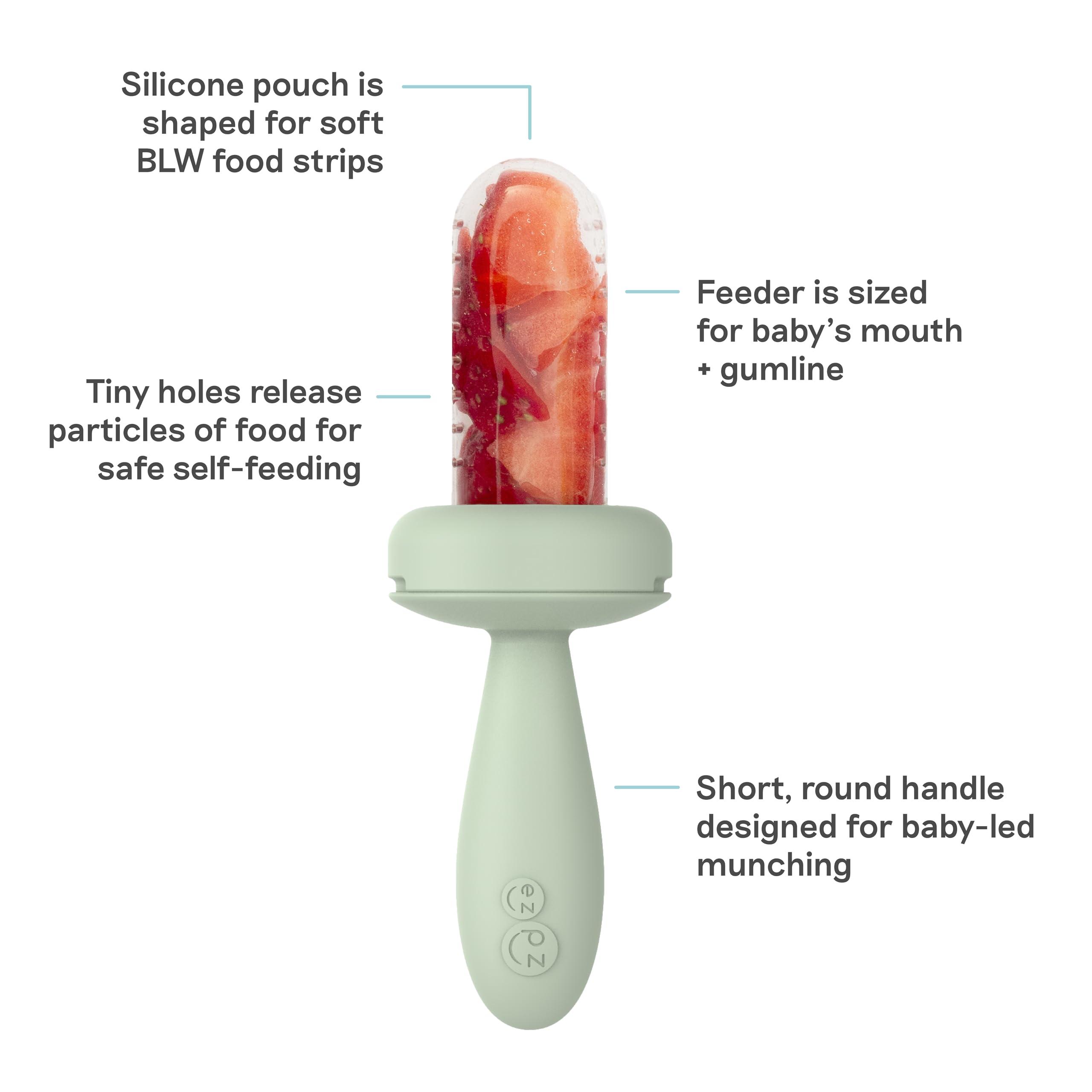 ezpz Baby-Led Gumline Feeder Sage in hand showing compact design