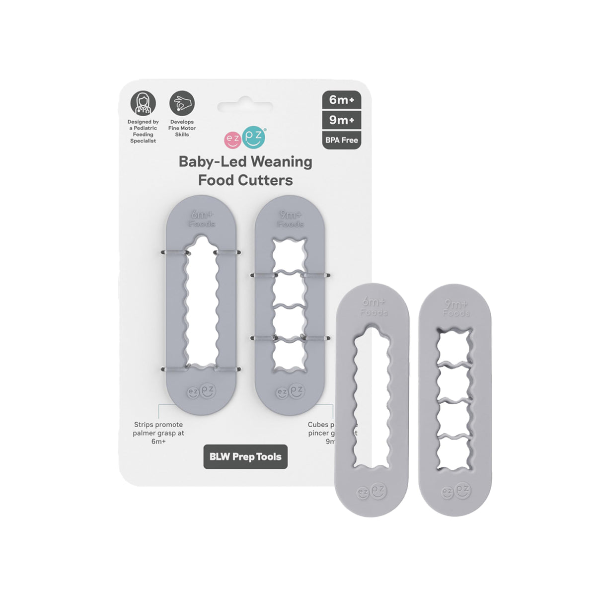 ezpz Baby-Led Weaning Cutters front view in pewter for easy BLW meal prep