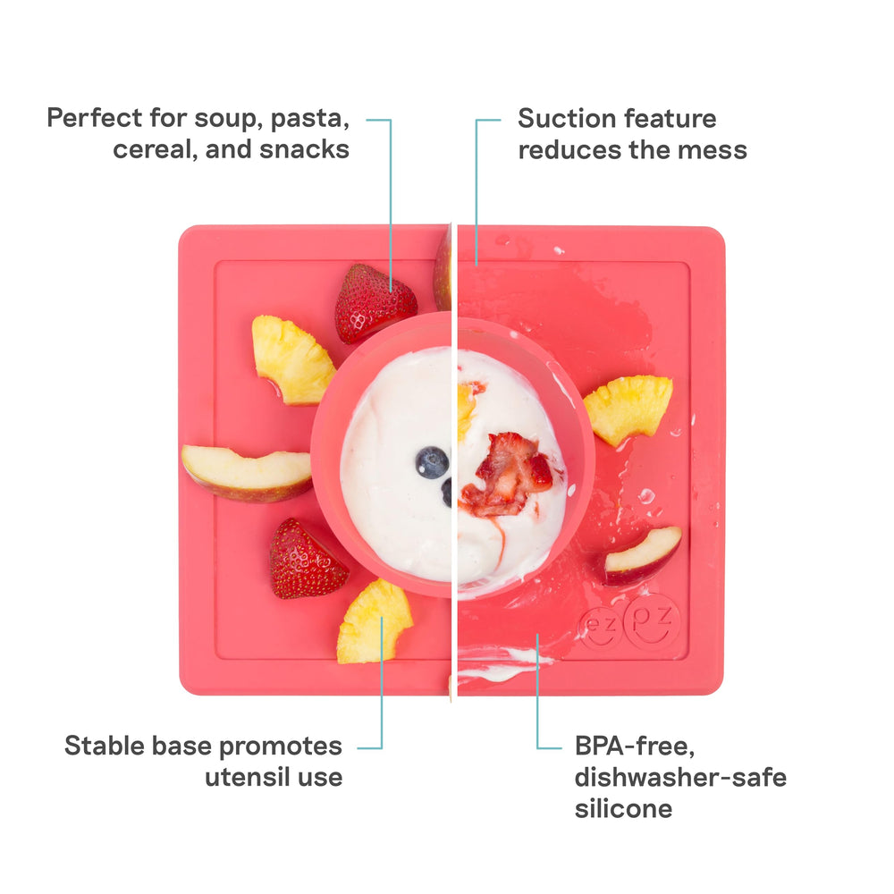 ezpz Happy Bowl built-in placemat prevents spills on high chair trays.