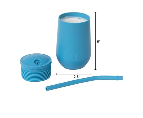 ezpz Happy Cup + Straw System blue lid and cup assembly in-use