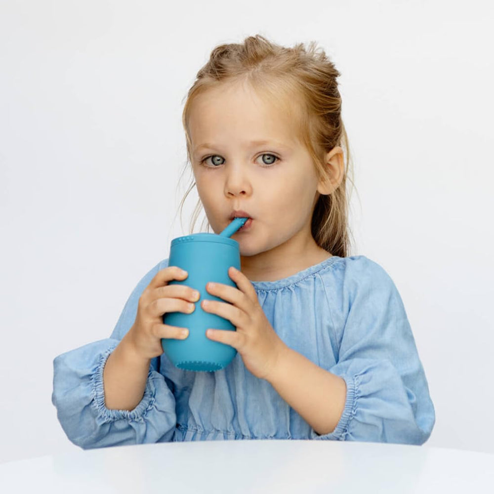 ezpz Happy Cup + Straw System blue straw assembly highlights ergonomic design
