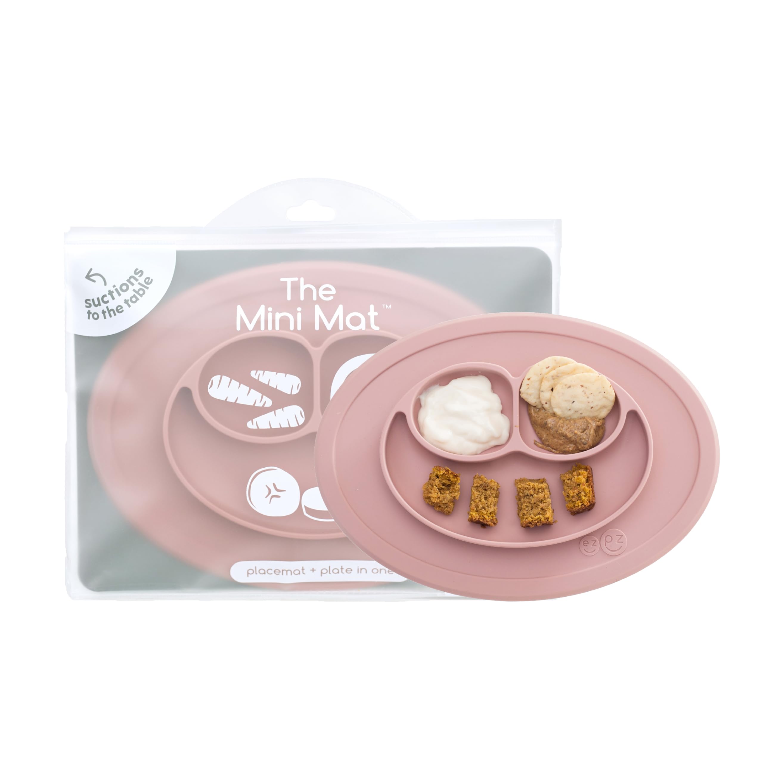 ezpz Mini Mat Blush suction placemat stabilizes meals for self-feeding.