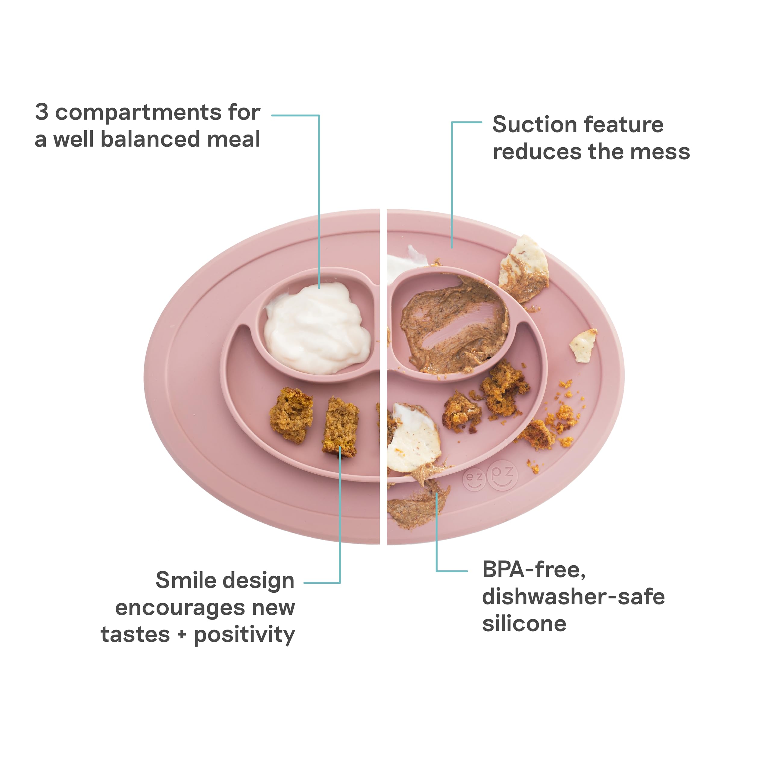 ezpz Mini Mat Blush three-compartments plate keeps meals balanced.