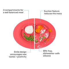 ezpz Mini Mat Coral divided plate shows three compartments for balanced meals