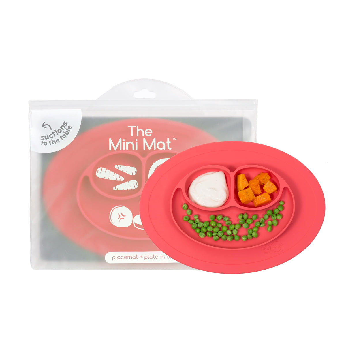 ezpz Mini Mat Coral with suction base helps minimize spills during feeding
