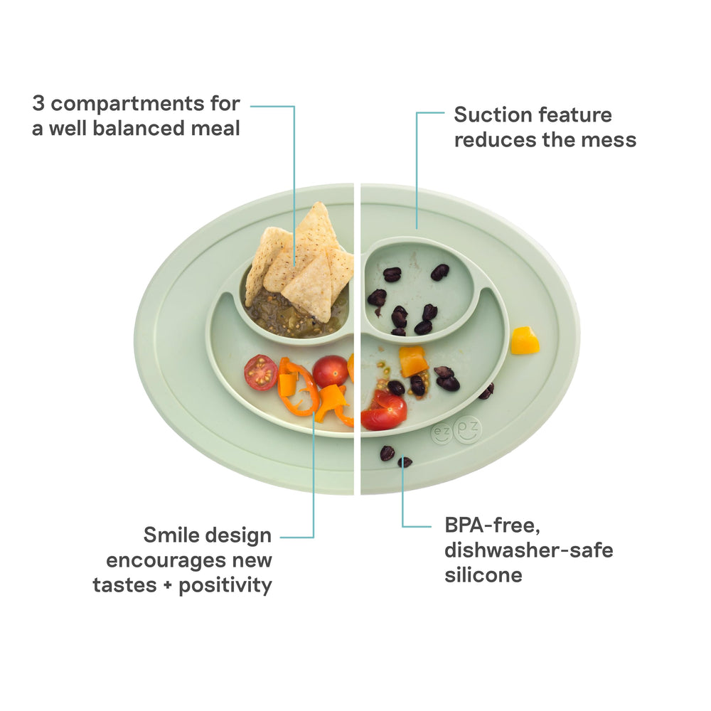 ezpz Mini Mat Sage divided plate three compartments showcases balanced meals for tiny eaters.