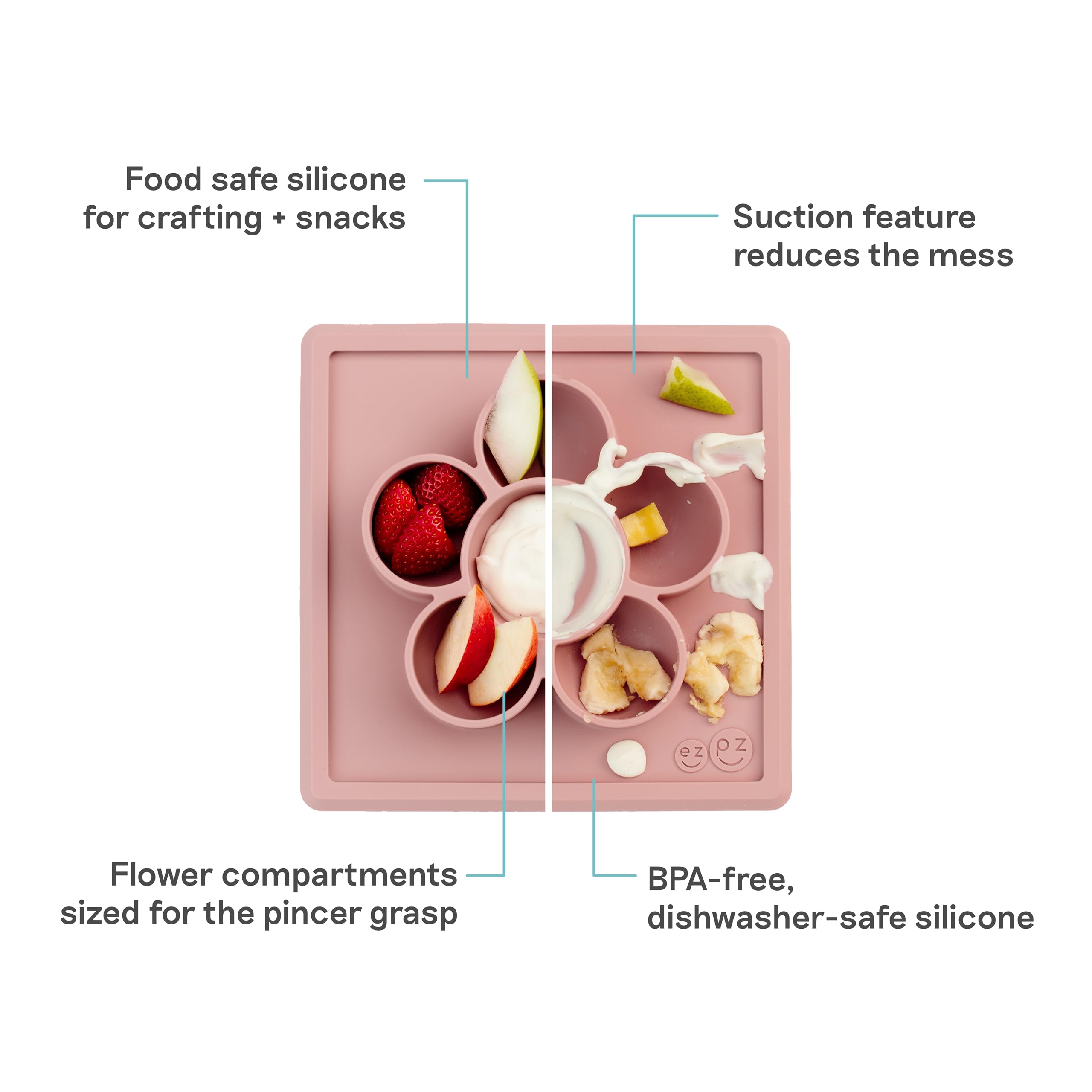 ezpz Mini Play Mat Blush flower compartments support separate snacks and fine motor play.