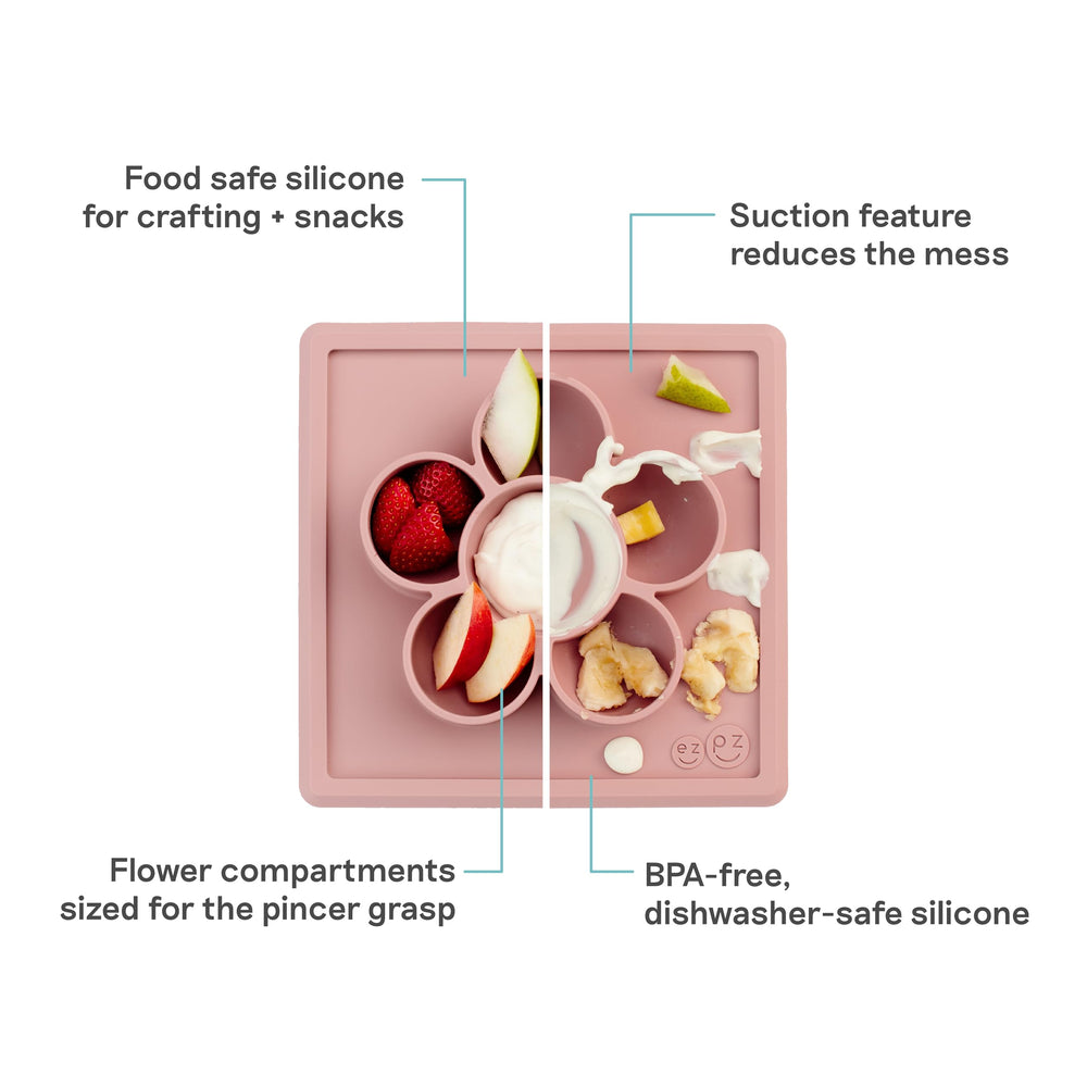 ezpz Mini Play Mat Blush flower compartments support separate snacks and fine motor play.