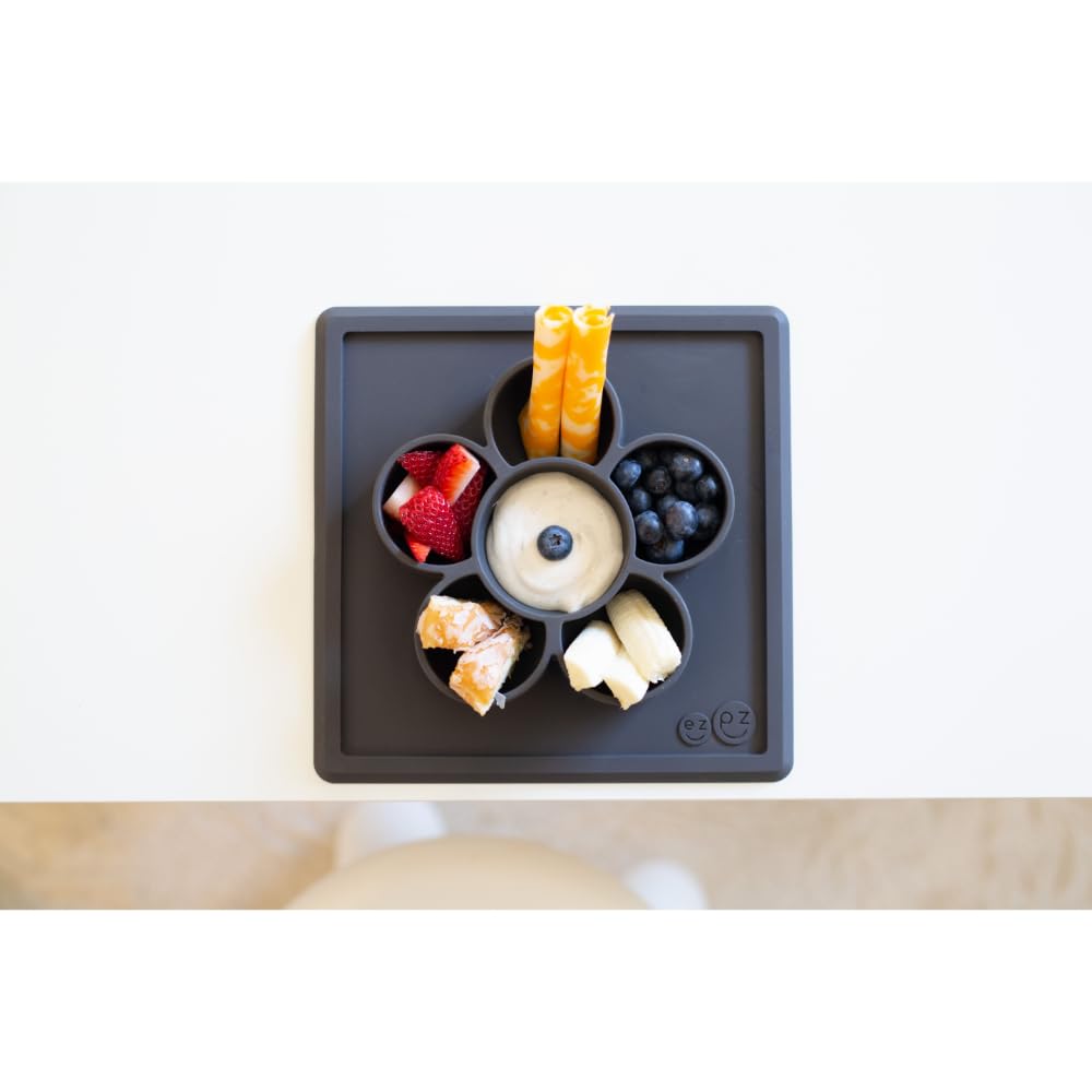 ezpz Mini Play Mat slate compartments help organize snacks and small crafts.