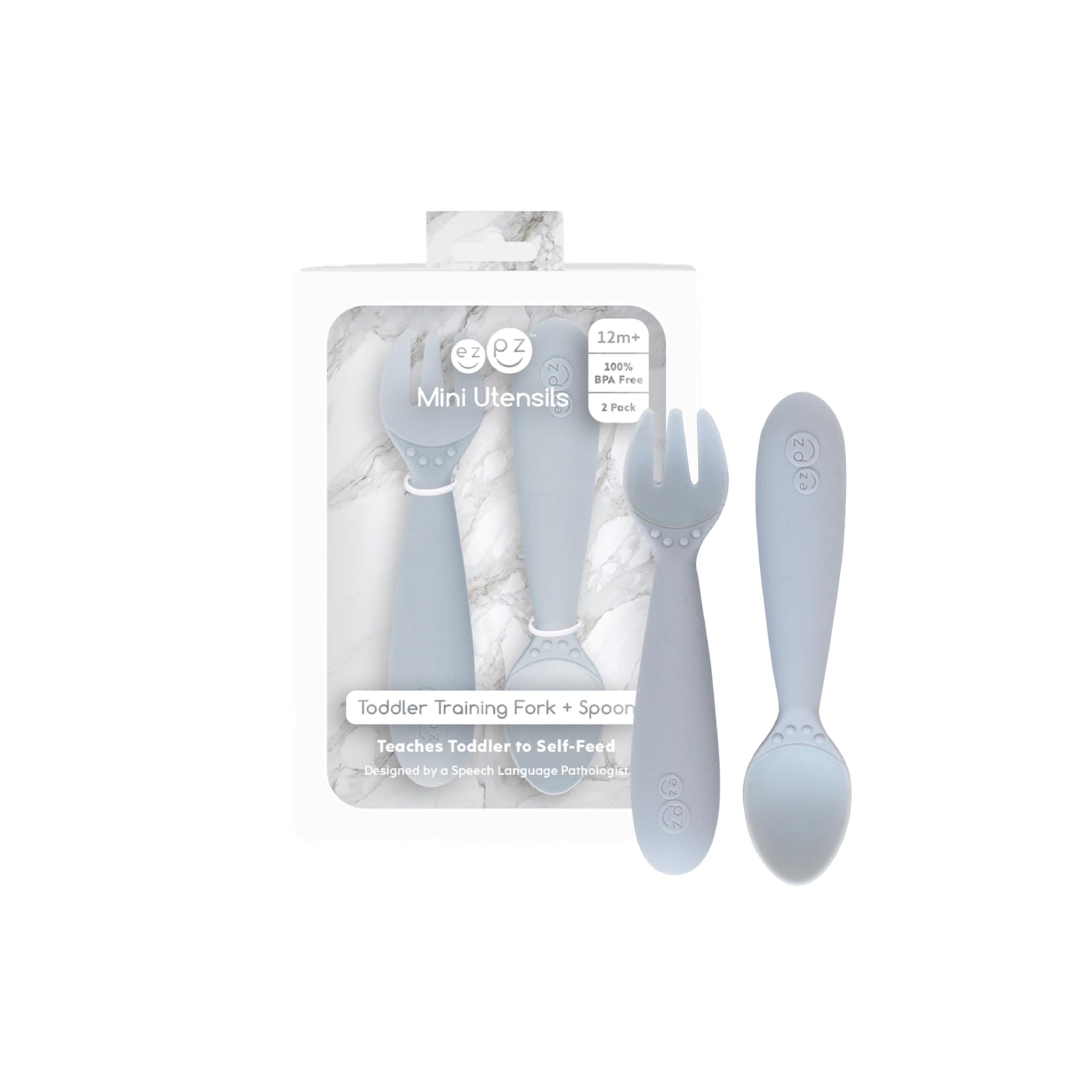 ezpz mini-utensils fork pewter close-up highlighting safe fork prongs