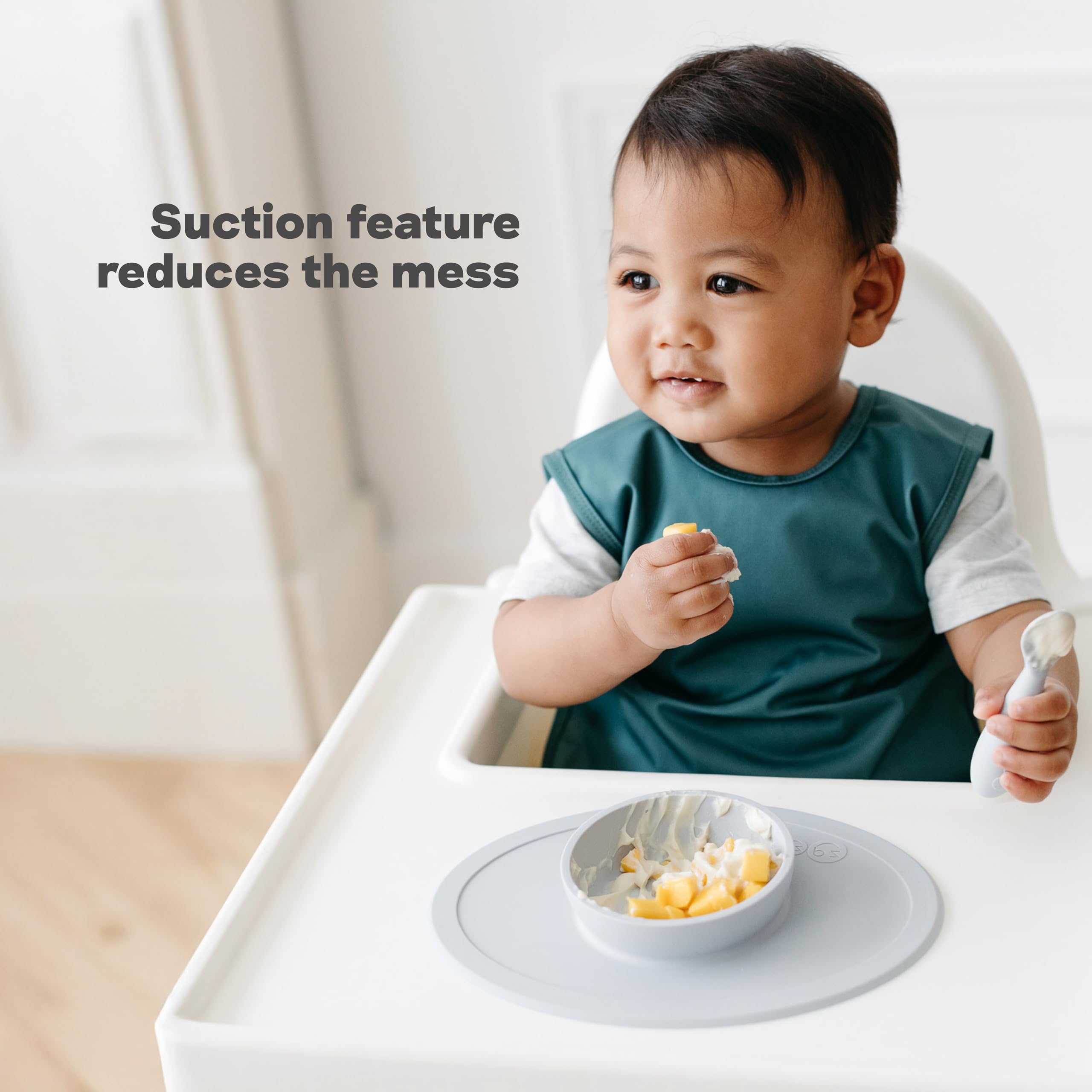 ezpz Tiny Bowl Pewter keeps food contained, reducing spills and tipping.