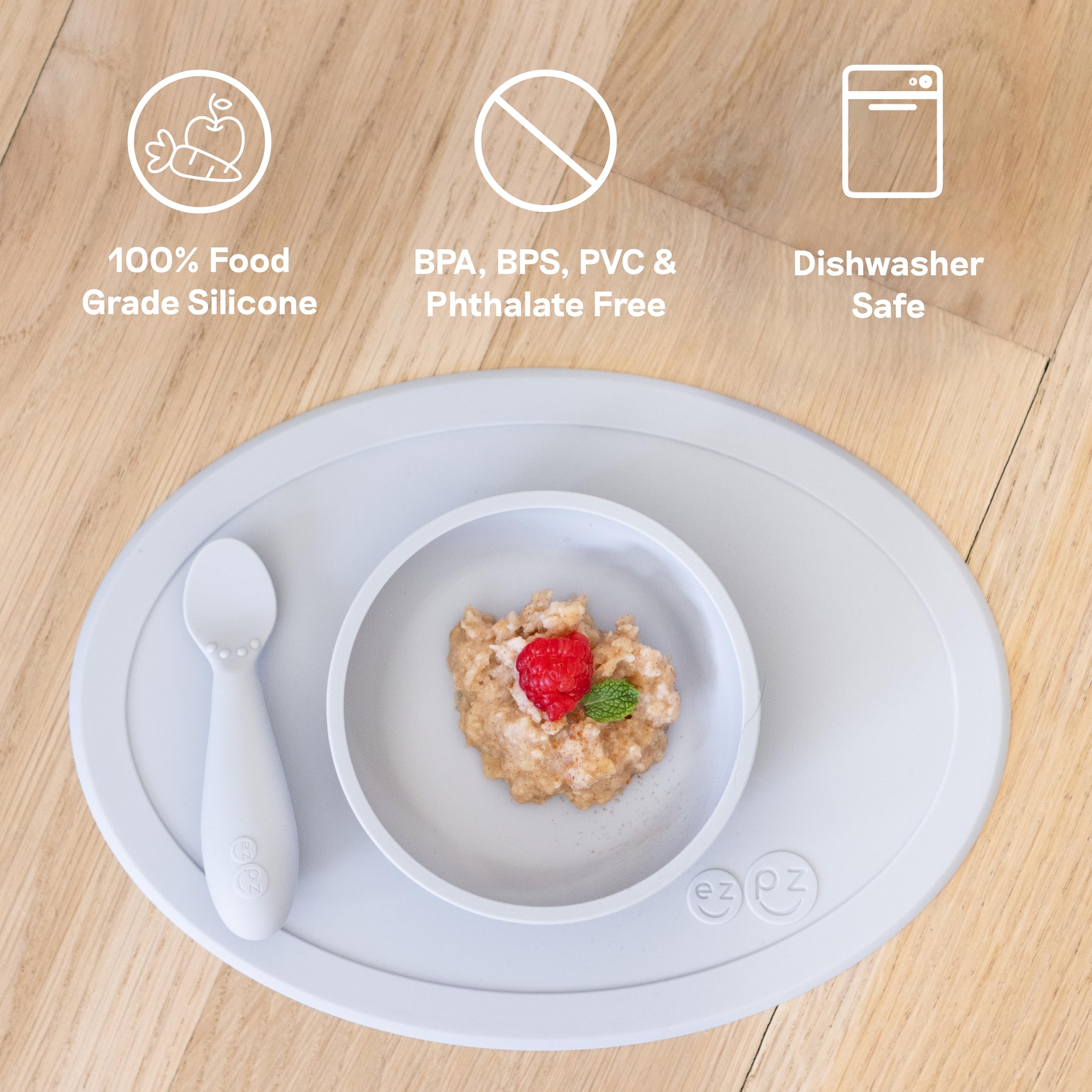 ezpz Tiny Bowl Pewter fits most highchair trays for versatile feeding setups.