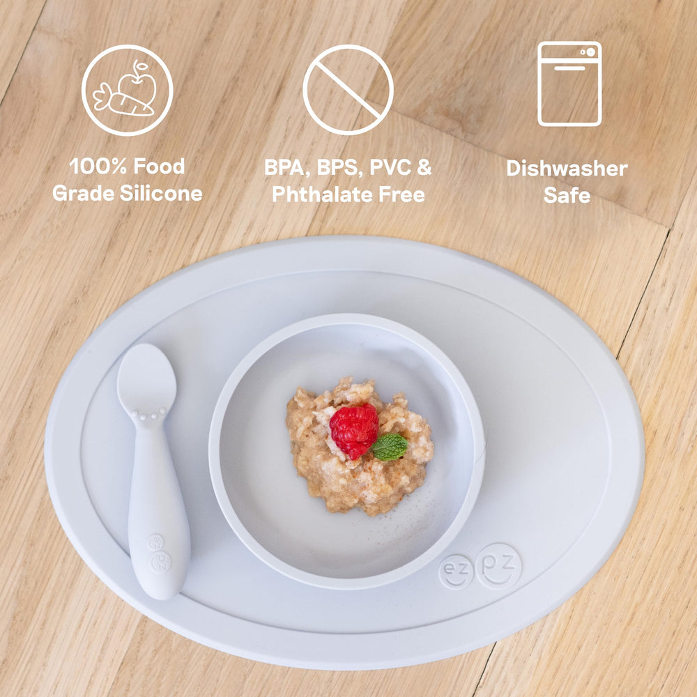 ezpz Tiny Bowl Pewter fits most highchair trays for versatile feeding setups.