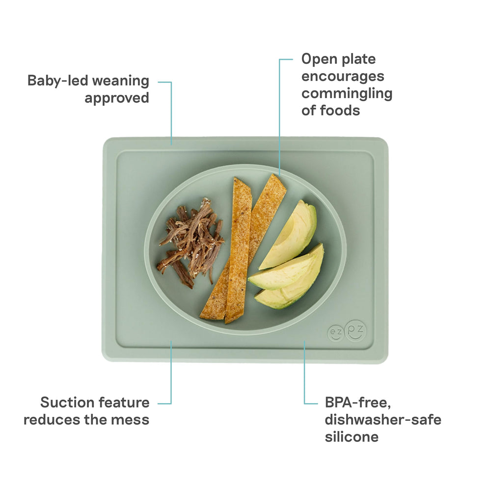 ezpz Tiny Plate Sage open-plate demonstrates convenient self-feeding with reduced spills
