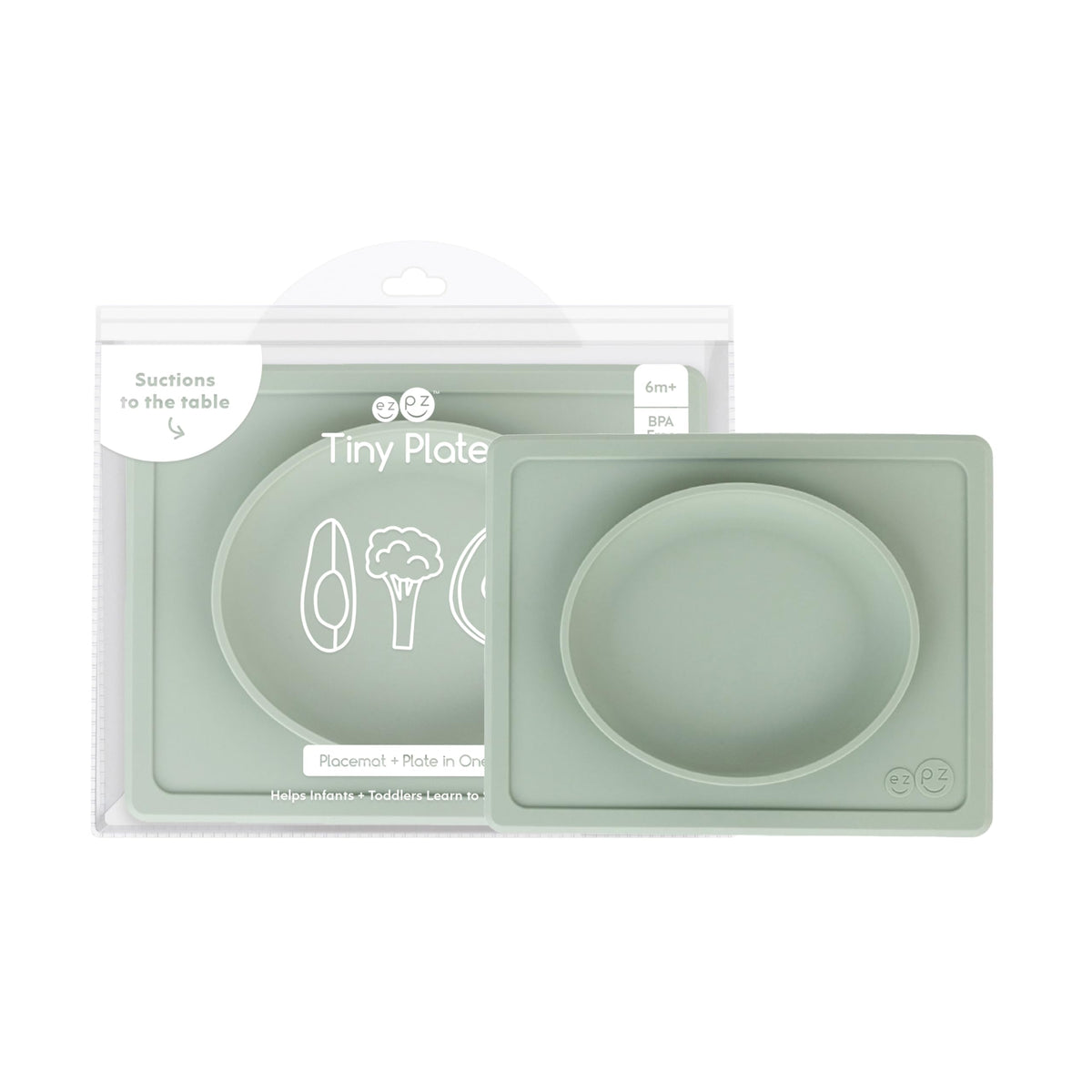 ezpz Tiny Plate Sage suction placemat shows secure placement for mess-free feeding