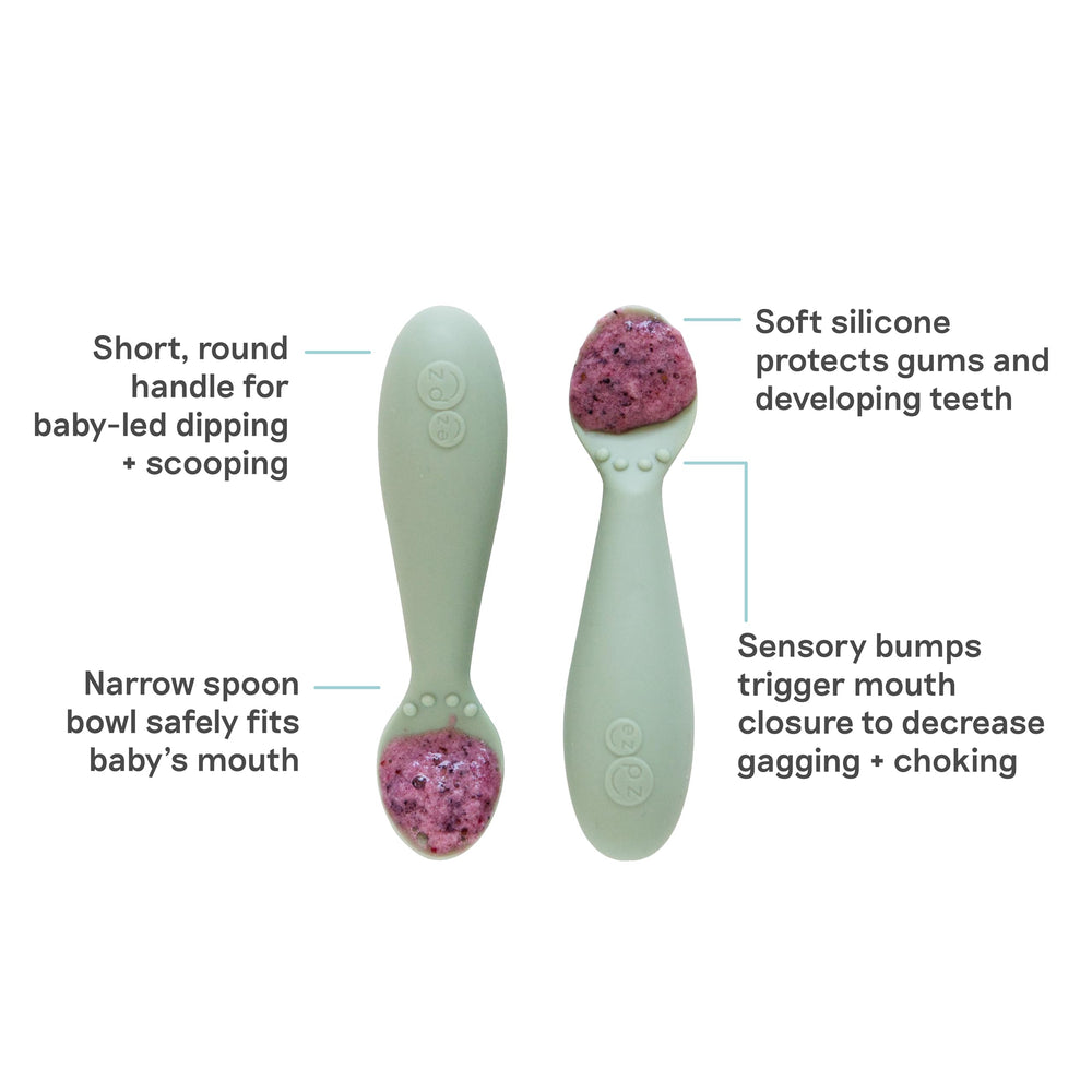 ezpz Tiny Spoon sage closeup of narrow spoon bowl for safe feeding